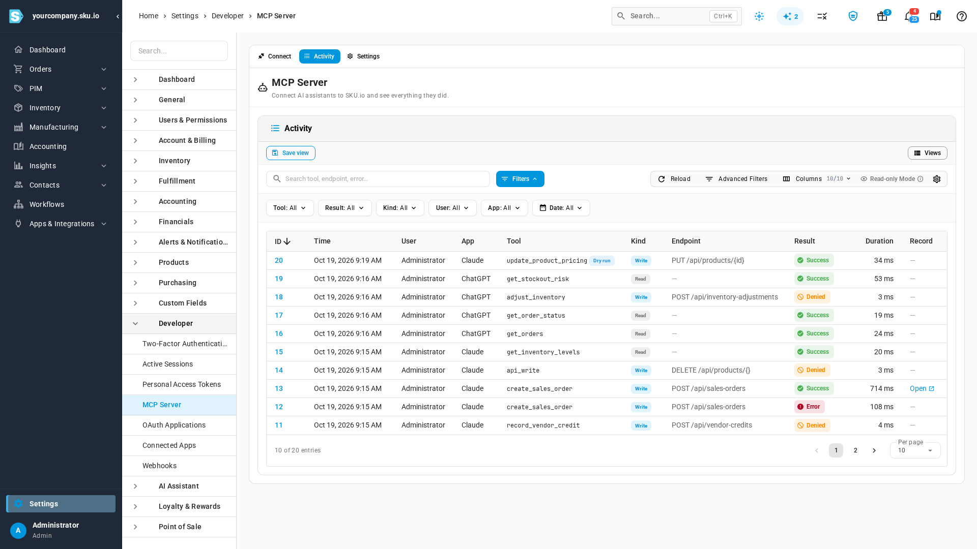 The Activity tab: a list of calls with ID, Time, User, App, Tool, Kind, Endpoint, Result, Duration and Record columns, and Tool, Result, Kind, User, App and Date filters