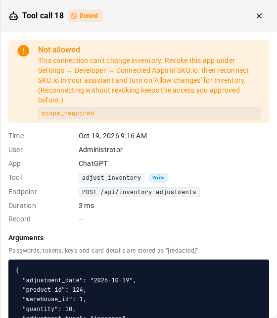 A refused call: Not allowed, with the reason that the connection can't change inventory and how to reconnect with that area ticked