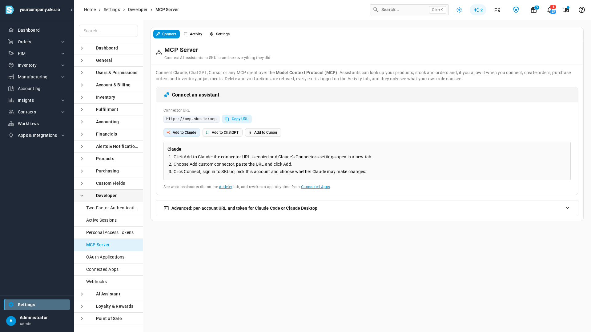 The Connect tab: the connector URL with a Copy URL button, Add to Claude, Add to ChatGPT and Add to Cursor buttons, and the steps for Claude below them