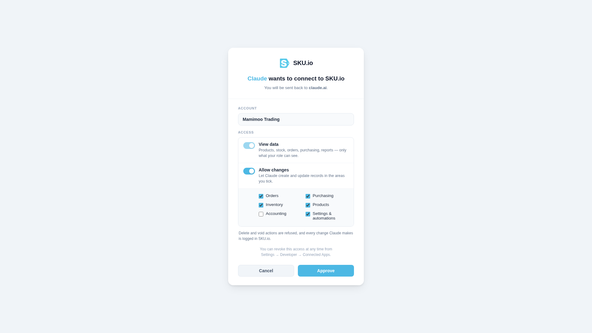 The SKU.io sign-in page: Claude wants to connect to SKU.io, the account, View data switched on, Allow changes with its areas, and Cancel and Approve buttons