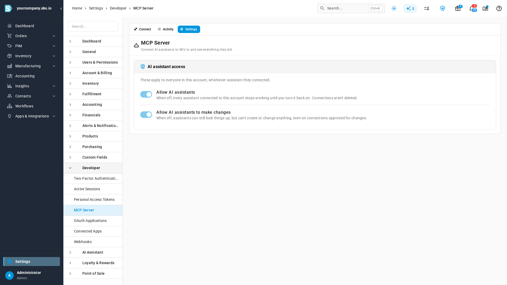 The Settings tab: Allow AI assistants and Allow AI assistants to make changes switches, both on